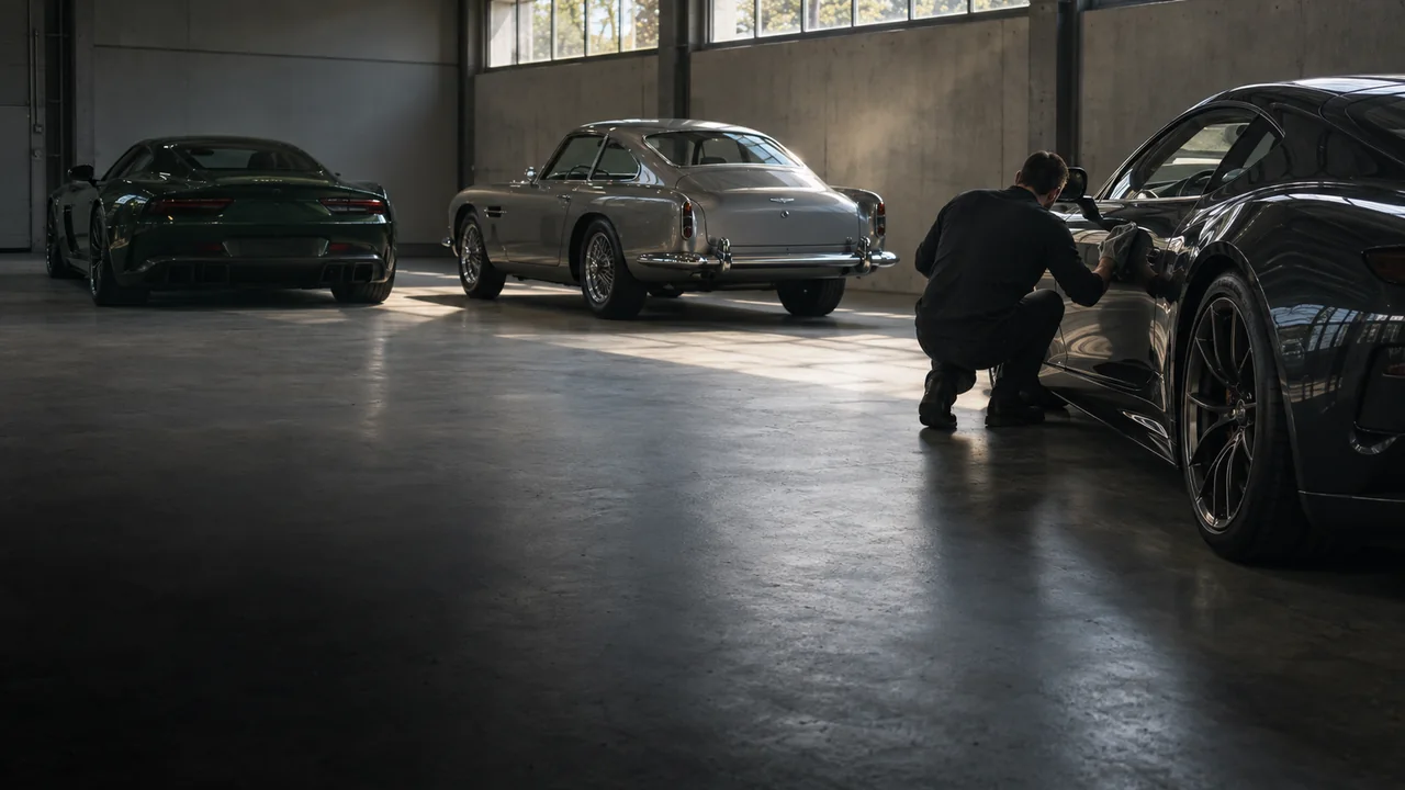 Specialist caring for cars in a private collection