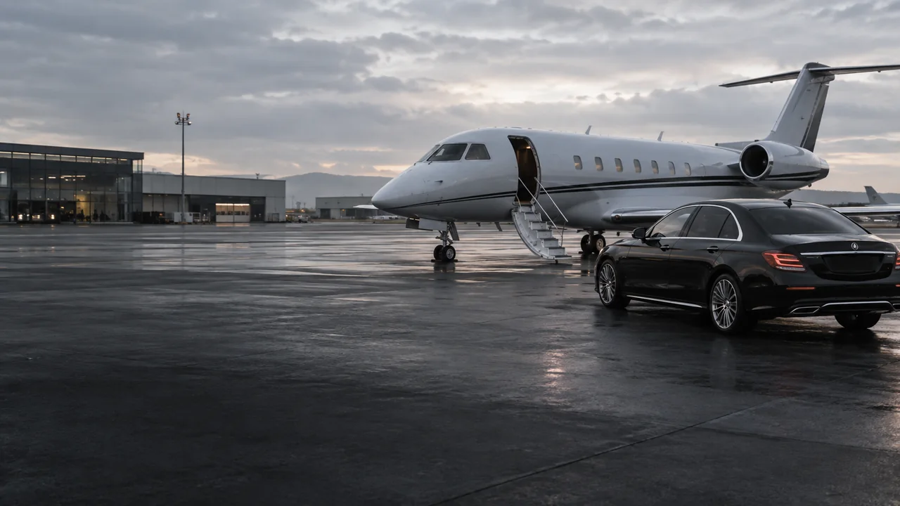 Private aircraft and chauffeured car at an airport